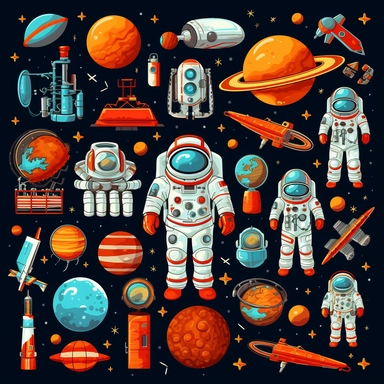 Design a clipart set that depicts space objects such as planets, stars, comets, and astronaut suits. Add additional space equipment into different images, such as hi-tech telescopes or the International Space Station (ISS).