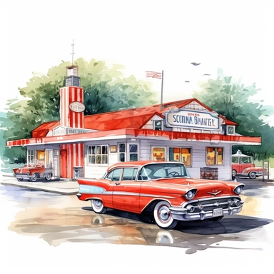 A charming roadside diner with vintage cars parked in front, serving classic American comfort food, american style, clipart, watercolor