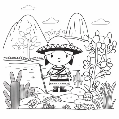 Landscape, simple, traditional costume, local food, animal, educational, history, and cultural diversity, clipart style, cute, captivating, kid friendly cute character, not color style, cartoon style, simple, line art style, character, white background, black and white coloring book for kids, flat vector, simple line drawing, thick lines, very low detail