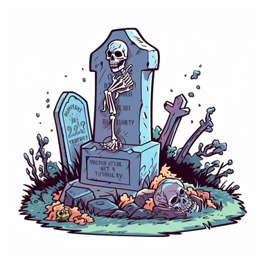 gravestone scene, cartoon colours, vector, clipart, white background for a tee shirt, no captions