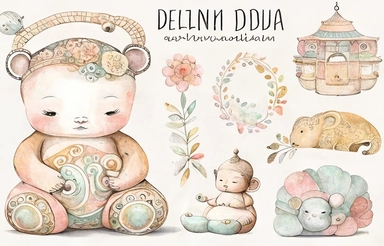 boho, nursery items, baby toys, watercolor clipart, zen meditation Buddhist style, intricately detailed, very clean and detained images