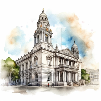 Isolated images, illustrations on a white background, City Hall Dulbin in Ireland, Clipart, watercolor, realistic, isolated, full building, highly detailed, hdr, 32K, photo expert quality, watercolor realistic, hyperrealistic and highly detailed, isolated on a white background