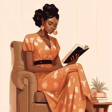 cute illustration of a black women sitting at her room reading a book, fashion illustration, fashion clipart, African American Art, Her face radiates joy and personal bliss, illustrating the positive impact of her books, light beige background,
