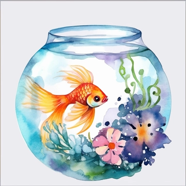 Watercolor fish bowl clipart, white isolated background, space out, hd