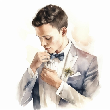 watercolor beautiful groom Getting Ready: Illustrate the groom's preparations before the wedding ceremony. Show him in a reflective moment, adjusting his tie. This perspective can evoke a sense of anticipation and introspection., very detailed, clipart, modern style, white background, 8k
