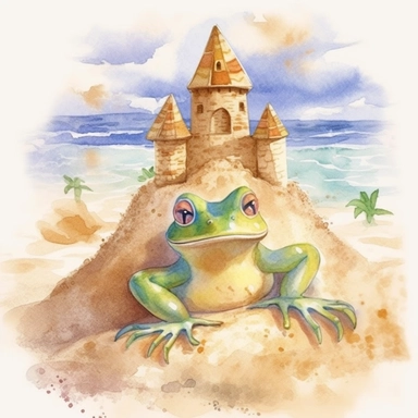 Create a watercolor illustration clipart of a playful cute Frog Making Sand Castle on the beach, with its full body visible. Use soft, flowing brushstrokes and a warm, inviting color palette to create an image that is both charming and whimsical. Incorporate intricate details like the motion of the Frog Making Sand Castle on the beach to create a lifelike, realistic image. Can add other elements to the illustration like related item to play to create playful scene. Use white background to allow 