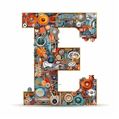 block letter E made of Geometric vector shapes, graded blend filled, using micro images of nuts, bolts, gears and maths elements, swirling psychedelic flourishes in electric circuit pattern white background, clipart, no shadow