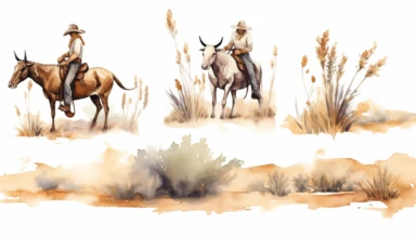watercolor clipart set illustrations of cowboys from behind with wild grass and Texas longhorns on white background