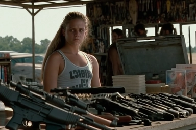 DVD screengrab of the Rifles, shotguns, handguns, assault rifles, submachine guns, machine guns, Ammunition boxes, magazines, clips, belts, speedloaders, moon clips poisioned rust, scene from the movie white trash Top Gun 1986 , women in bikinis with sleeveless t-shirts, ripped jeans, Mullets, perms, shorts, flip flops, camouflage patterns, trucker hats.