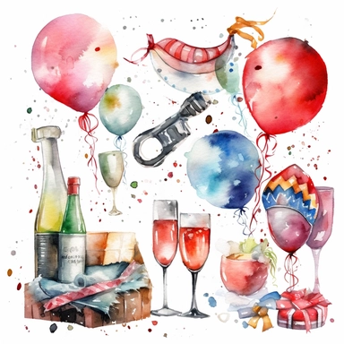 Party school prom , watercolor white background clipart set single elements with margin