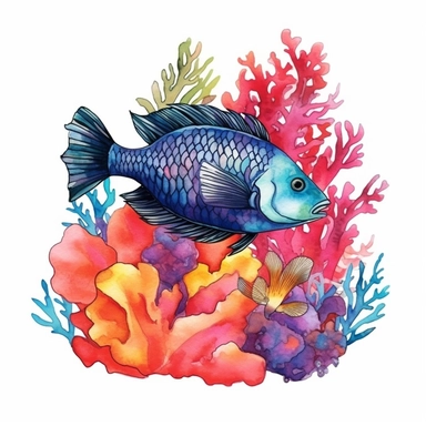 rainbow fish and coral illustration clipart, detailed, black outline, white background, 4k, watercolor, digital art