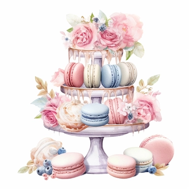 Clipart, Watercolor, Blush Floral Shabby Chic Tier Candy Tray with Sweets, Macarrons, Cakes and Cupcakes, light colors, hand-draw, texture