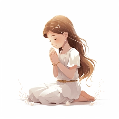 little girl with long light brown hair, from the side, first holy communion, girl kneeling with holy beads in hand and hands in a praying gesture ,cinematic still, modern graphic design, clean illustration, clean clipart, clean vector, clean lines, in motion, geomtricaly correct, clean line, white background, denoised, sharpened, highly detailed, clipart vector white background