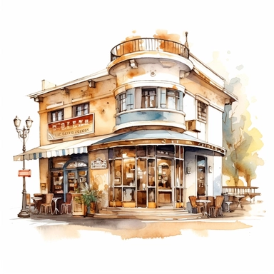 super Gorgeous watercolour stunning coffee shop, vintage brown, 2D concept simplified illustration on white background. clipart, highly detailed, vibrant, ultra high quality, 2D vector