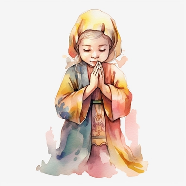 Watercolor Prayer Prayer Hand png Full body realistic cartoon 32k UHD cute. 15 cm thick outline. Black color. There was no shadow on the ground. with realistic watercolors and detailed illustrations. Cartoon, PNG clipart, transparent white background