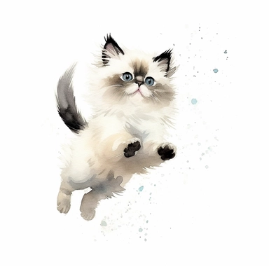 hand painted watercolor clipart, cream white black colored himalayan kitten jumping in the air and leaping forward wants to grab something, profile view, excited expression on face, childlike innocence and excitement, full body visible, hairs are visible, visible tail, I can't believe how cute, professional watercolor drawing, watercolor paper texture on drawing, isolated on white background