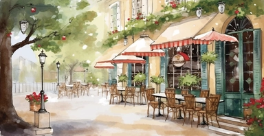 clipart, water spots, blurry, Watercolor painting, coffee shop, As the gentle breeze carries the faint scent of freshly brewed coffee, you find yourself captivated by the scene before you. Nestled among a quaint street lined with charming buildings, a picturesque cafe comes into view. The outdoor seating area beckons with its rustic charm, adorned with wrought-iron chairs and tables adorned with vibrant potted flowers. The centerpiece of the cafe is an intriguing structure, an architectural marv