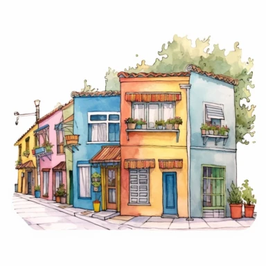 Very cute and Whimsical street of Buenos Aires, cute houses, folkloristic La Boca neighborhood, beautiful, Watercolored illustration, clipart, white background