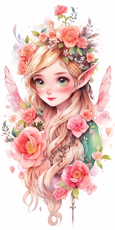 Watercolor beautiful wild roses fantasy forest fairy girl with beautiful face and big eyes with flowers, with angel wing, chibi kawaii animated style, vivid vibrant colors, intricate detail, hyper detailed, hyper quality, 32K, unreal engine, isolated on white background, kawaii, clipart