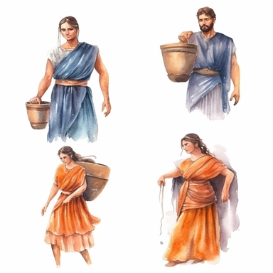 Watercolor well built roman man and woman with white cloths , illustrations clipart set, simple, , cartoon elements, different variants , separate elements with a margin