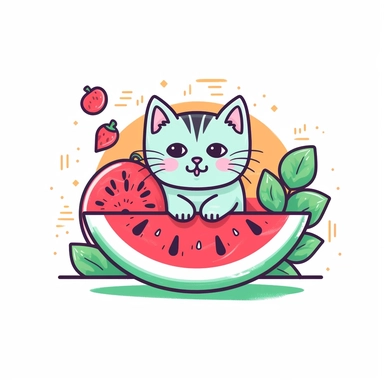 Dive into a delightful summer adventure with a whimsical clipart illustration featuring a watermelon and a cat in a vibrant cartoon style against a clean white background. Picture a playful watermelon slice with a friendly cat face, bringing together the best of both worlds. Utilize a bright and lively color palette, featuring shades of juicy reds, vibrant greens, and pops of whimsical colors like pink or yellow, to capture the refreshing essence of a ripe watermelon and the playful nature of a 