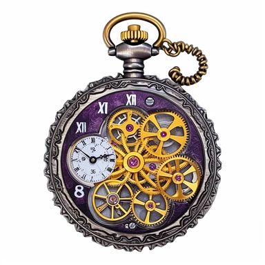 Steampunk pocket watch with a purple face and gold gears, watercolor, Steampunk, dark purple color theme, Detailed, clipart, white background, watercolor, hyperrealism, high detail, isolated elements