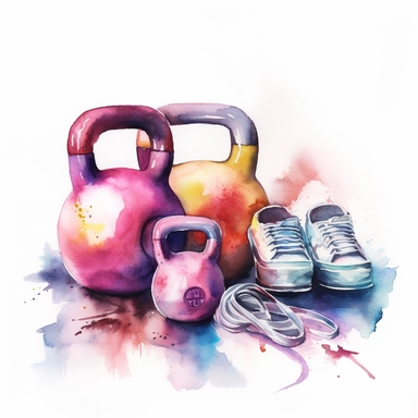 multiple home training fitness equipment laying on the floor , kettlebell, running shoes, water bottle, fit to frame, Watercolor Painting, aquarelle, pastel shades of colour , white background, splash of colors, purple,pink,light blue, clipart