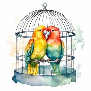 A pair of lovebirds in a heart-shaped cage clipart, white background, watercolor drawing