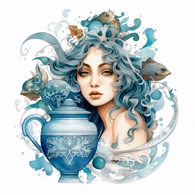 aquarius zodiac sign, holding filigree amphora, symbols, element symbols, goddess women watercolor, boho zodiac sign, clipart, dreamy, epic, powerfull, mystic, white background, detailed, 8k