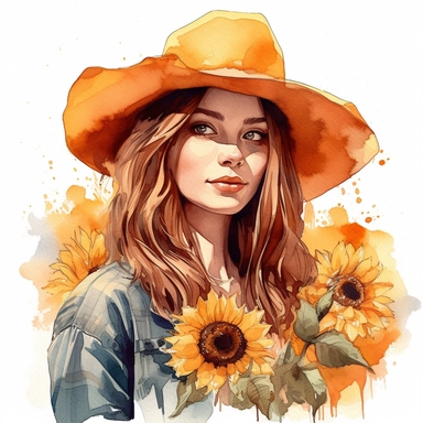 Create a beautiful one of a kind breathtaking and original watercolor clipart illustration drawing of a girl with sunflowers and a sun hat, in the style of hyper-realistic animal illustrations, beautiful women, animated gifs, cowboy imagery, ue5, innovative page design, unpredictable