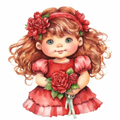 a fully body Cute christmas cabbage patch doll in wearing a red pretty christmas dress clipart, happy, watercolor, pretty eyes, flowers, roses, sarah kay