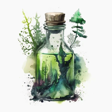 a vial of potion with a swamp inside, green and black vibes, watercolor clipart