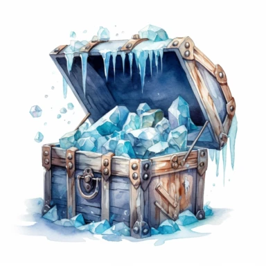 a frozen ancient treasure chest with protruding icy ornaments Clipart Watercolor, White background, HD