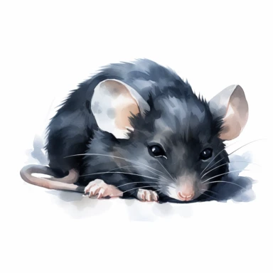 clipart vector image with plain white background of a watercolor painting of a black mouse laying down curled up sleeping. extremely detailed.