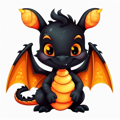 cute cartoon black and orange dragon clipart, white background,--no cut-off edges