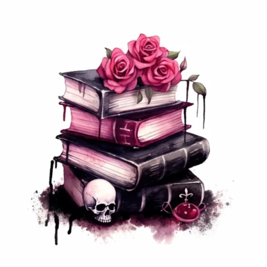 Gothic style books with watercolor effect, suitable for digital clipart, white background, gothic pink scene, gothic colors, gothic tools, gothic roses, dark scene, twinkles