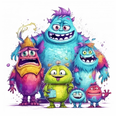 Cute Beautiful Cute Monster Family Sublimation Clipart,Cartoon, hyper realistic, intricate detail, illustration style,high solution,on the white background