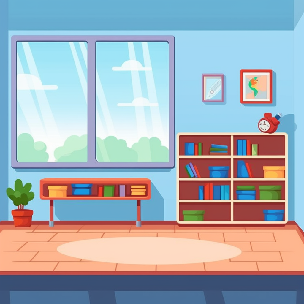 a kindergarten clasroom with empty shelfs cartoon vector clipart in of ...