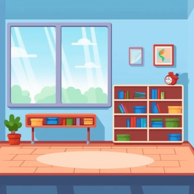 a kindergarten clasroom with empty shelfs cartoon vector clipart in of style flat and simple and roundy illustration for little kids