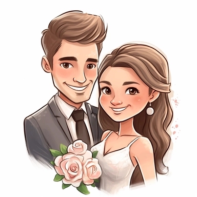 portret of a Cartoon wedding pair, just married, cute family, style by Lusy Fleming, watercolor, clipart elements, smooth gradients, black contour outline, ultra detailed, white background, super clear, high quality