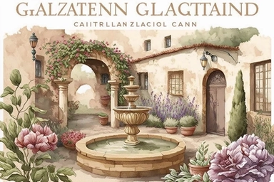 Create a high-quality hand-painted watercolor illustration of a serene Italian courtyard, capturing the essence of cozy Italian time spending. The artwork should showcase a charming garden with blooming flowers, lush greenery, and a picturesque fountain. Ensure the clipart has a transparent background, allowing for seamless integration into various designs