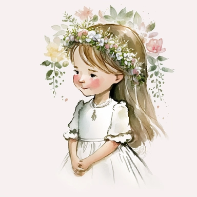 First Communion Clipart watercolor for girl, fully body, for her First Communion, tiara on her head, flowers in her hand, smiling, blushing, White PNG background
