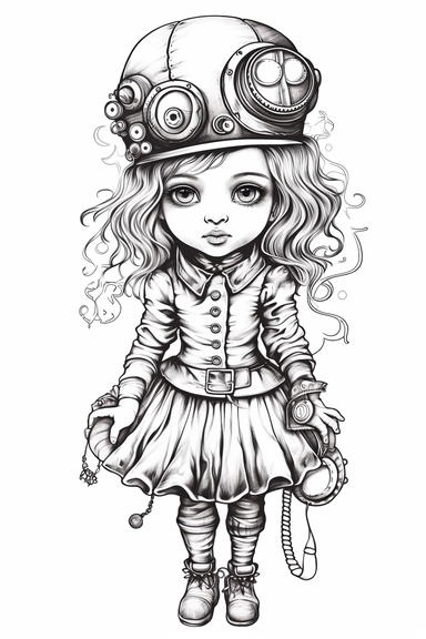 three quarter shot of a hand drawn coloring page vintage steampunk gorgeous european baby girl in a cute dress, clipart, white background