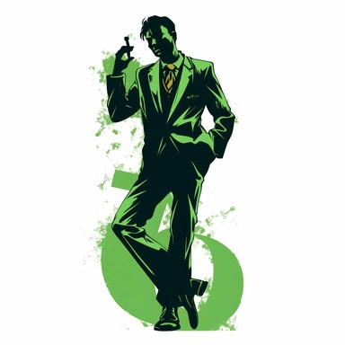 the riddler in a green suit with question marks clipart, logo simple, vector, flat 2d, white background, vector style, graphic design, art, company registration , banksy colors