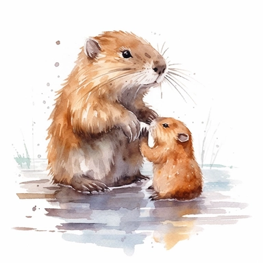 cute beaver with its baby beaver clipart watercolor, white backgorund