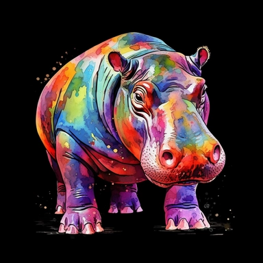 VERY COLORFUL hippopotamus, fully visible anamial, whole animal, no image cropping, clean borders, , wwatercolors resembling, super clear, WATERCOLOR, Sublimation, PNG, Digital Clipart, 16K, hyper detailed, PLAIN BLACK BACKGROUND, PNG, AR 8:12 no clipping