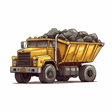 yellow mining dump truck as a simple cartoon style hauling rocks, clipart, white background