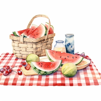 watercolour fruit Gingham summer picnic clipart, white background, no text