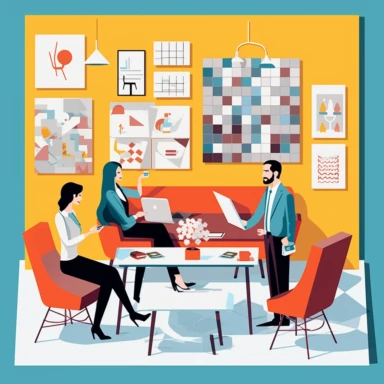 a scene from an interior design office with designer and design manager in meeting with their clients in clipart form
