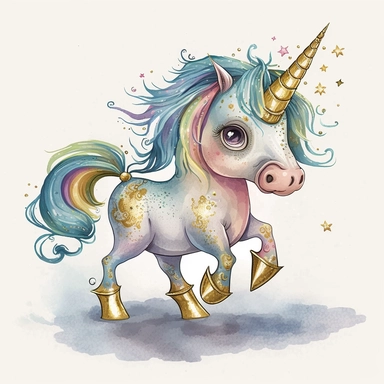 fantasy baby unicorn, clipart watercolor illustration, aquarallist, cute, big eyes, pretty blue, unicorncore, fairycore, free brushwork, watercolor, light and bright, four legs, gold horn, sparkle, skarklecore, detailed, isolated on a white background,